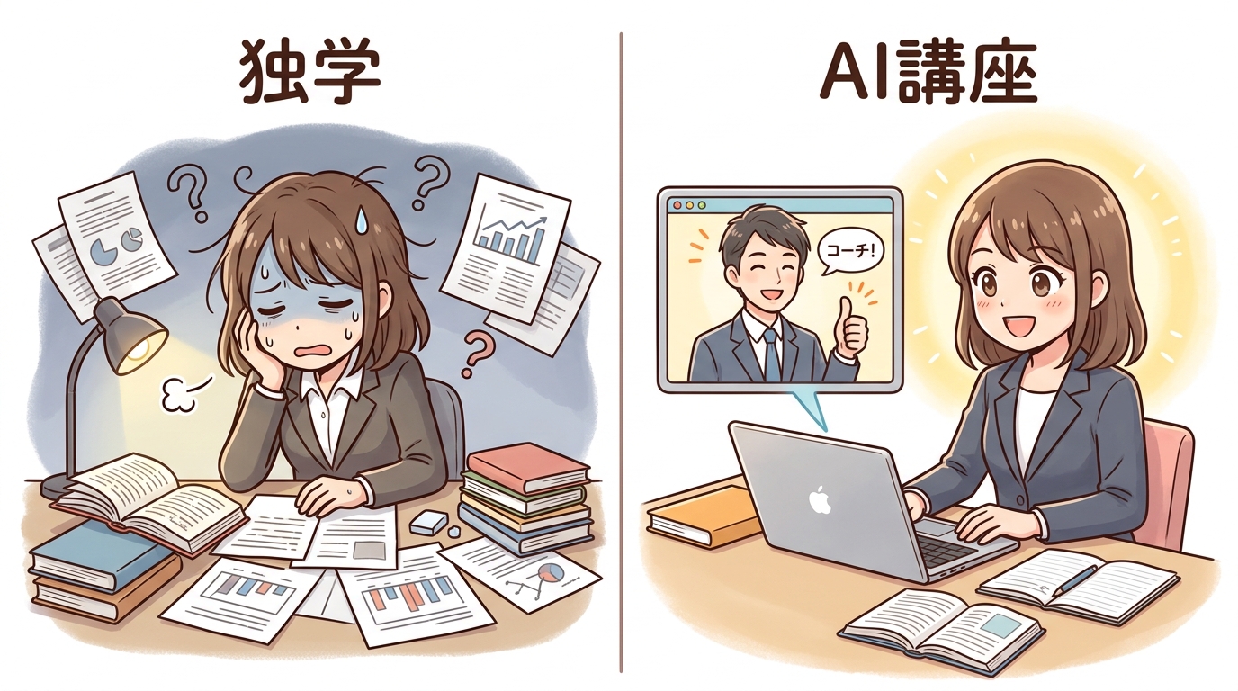 AI講座のリアルな評判や口コミを読み込み、怪しいという不安が解消されていく受講生のイメージ